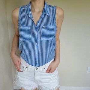 Striped Blue & White Sleeveless Button Down